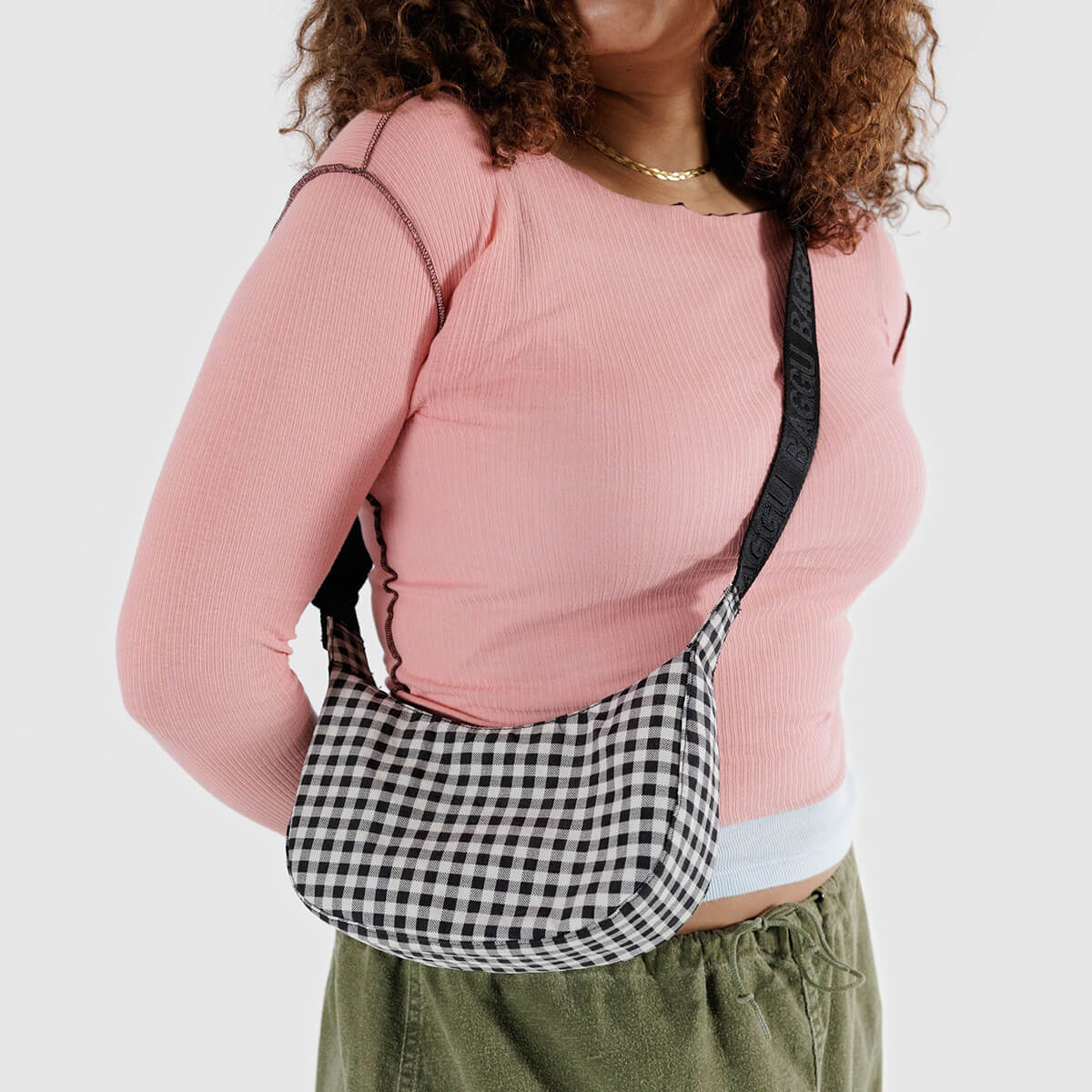 SMALL NYLON CRESCENT- BLACK AND WHITE GINHAM