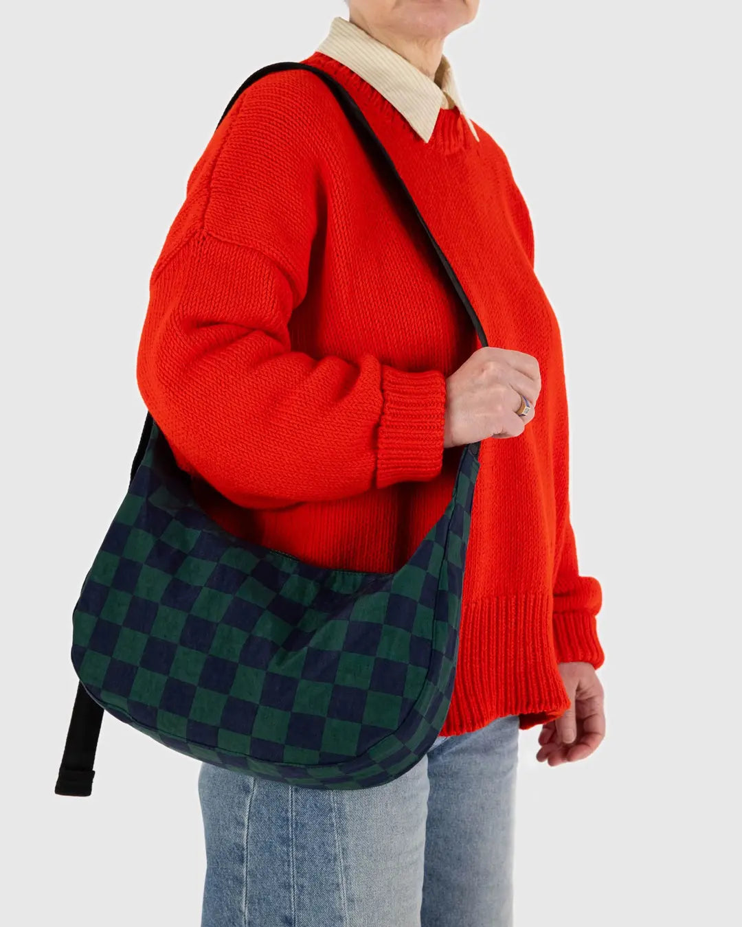 MEDIUM NYLON CRESCENT BAG- NAVY GREEN CHECK